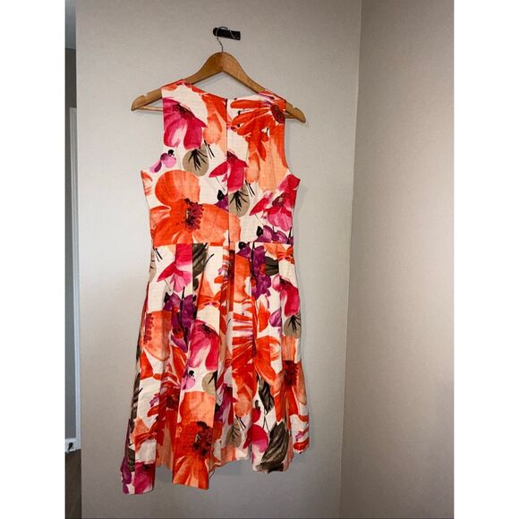 Eliza J Size 8 A-Line Fit & Flare Tea Dress Orange Pink Big Floral Vacation - Picture 5 of 9